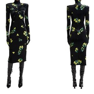 Richard Quinn Floral Print Black Midi Long Sleeve Turtleneck Velvet Designer